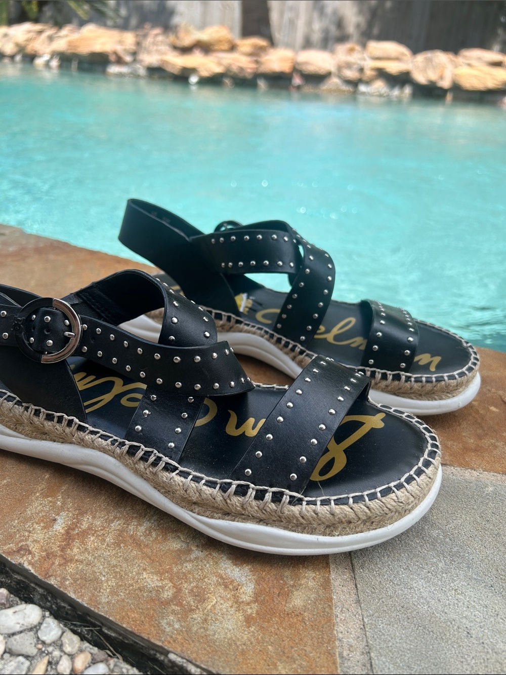 Sam Edelman Black Studded Espadrille Platform Sandals, Size 8